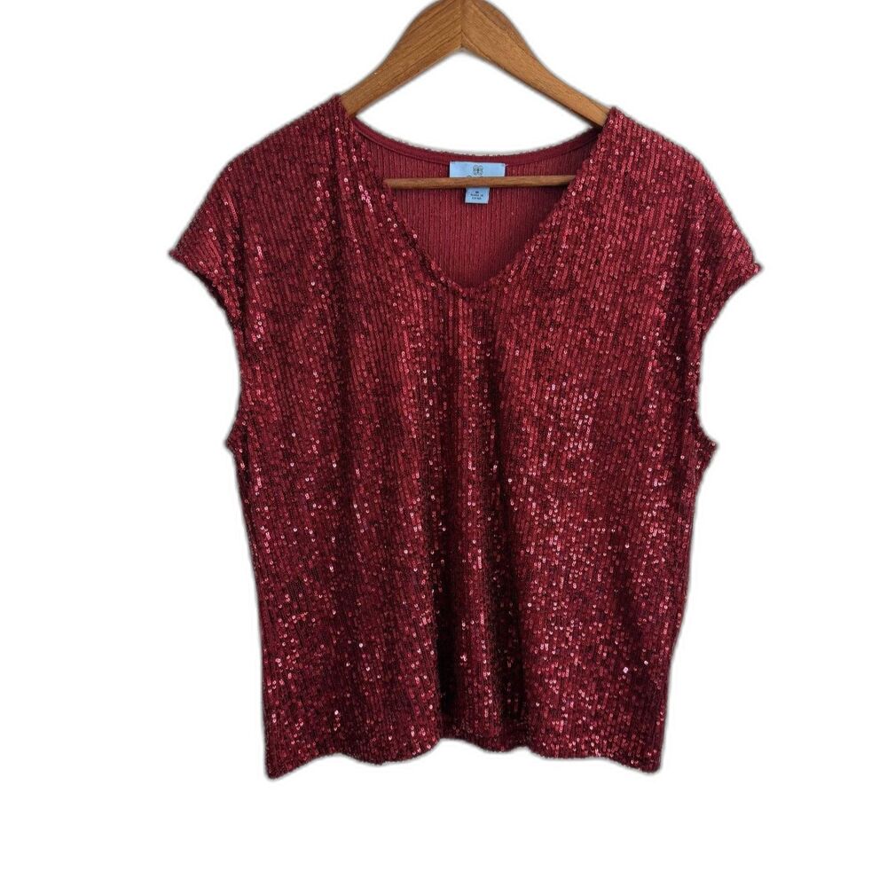 CeCe Women Medium Red Sequin V Neck Cap Sleeve Party Blouse Holiday Sparkle Top